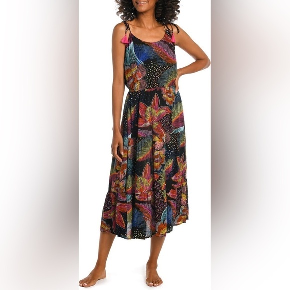 La Blanca Medium Sunlit Soiree Crepe Dress Swim Bathing Suit Cover Boho Floral - Picture 2 of 15